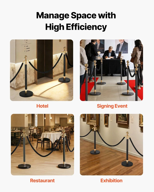 Alt view image 6 of 8 - VEVOR Stanchion Post, 8 Pcs Crowd Control Barrier Set with 6 Black Velvet Ropes, Heavy Duty Stainless Steel Stanchion Post Queue with Hollow Base for Theater, Party, Wedding, Exhibition, Event (Black)