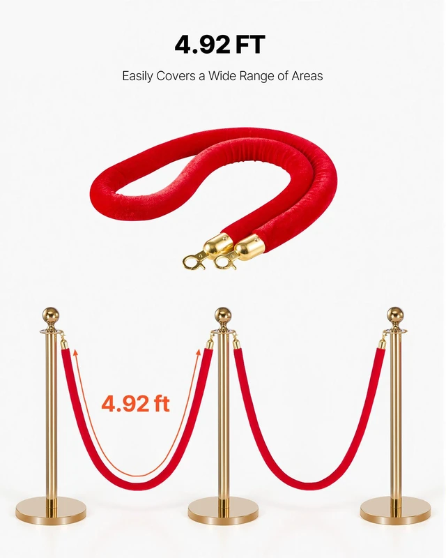 Alt view image 5 of 8 - VEVOR 4 Pcs Red Velvet Stanchion Ropes, 5 ft Crowd Control Stanchion Red Velvet Ropes with Gold Hooks, Post Queue Barrier Carpet Rope for Carpet Events Movie Theaters Grand Openings Hotels Party