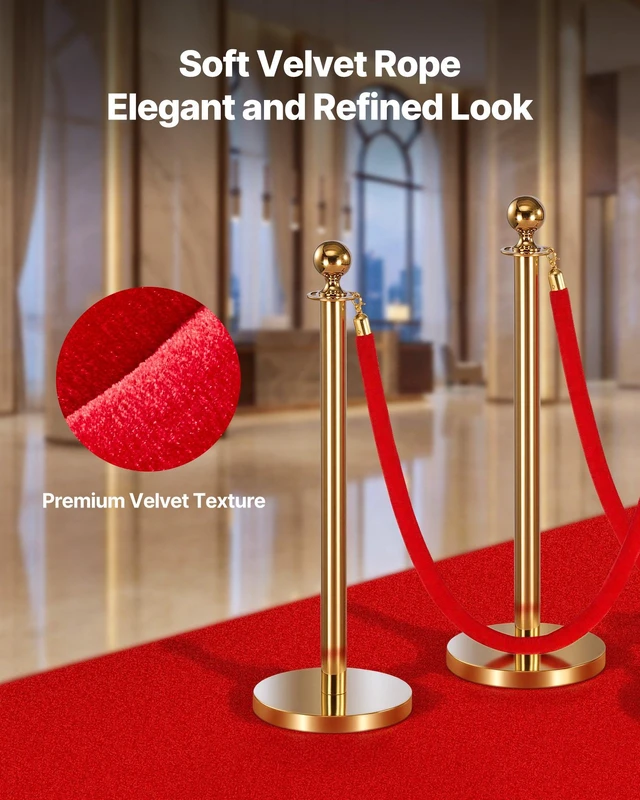 Alt view image 2 of 8 - VEVOR 4 Pcs Red Velvet Stanchion Ropes, 5 ft Crowd Control Stanchion Red Velvet Ropes with Gold Hooks, Post Queue Barrier Carpet Rope for Carpet Events Movie Theaters Grand Openings Hotels Party