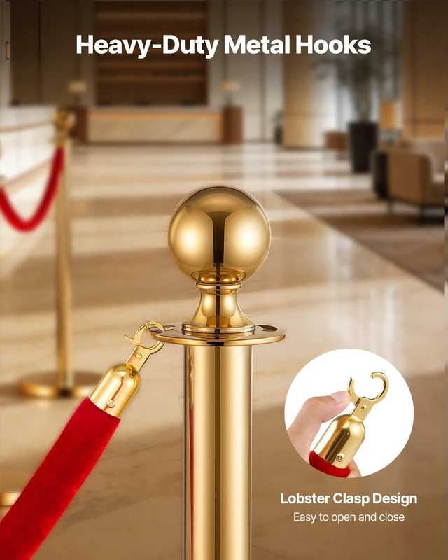 Alt view image 3 of 8 - VEVOR 4 Pcs Red Velvet Stanchion Ropes, 5 ft Crowd Control Stanchion Red Velvet Ropes with Gold Hooks, Post Queue Barrier Carpet Rope for Carpet Events Movie Theaters Grand Openings Hotels Party