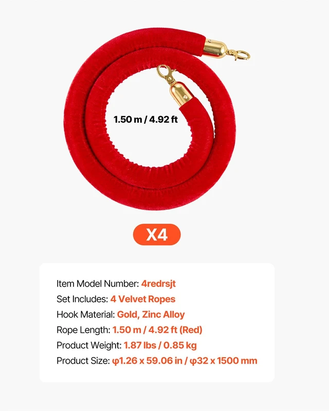 Alt view image 7 of 8 - VEVOR 4 Pcs Red Velvet Stanchion Ropes, 5 ft Crowd Control Stanchion Red Velvet Ropes with Gold Hooks, Post Queue Barrier Carpet Rope for Carpet Events Movie Theaters Grand Openings Hotels Party