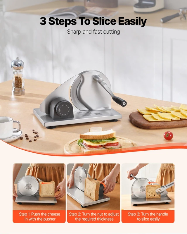 Alt view image 5 of 8 - VEVOR Manual Bread Slicer, 0-0.6" Adjustable Thickness Cheese Cutter, Hand Cranked Slicer for Homemade Bread - with Serrated Stainless Steel Blade for Kitchen, Restaurant, Bakery, Party