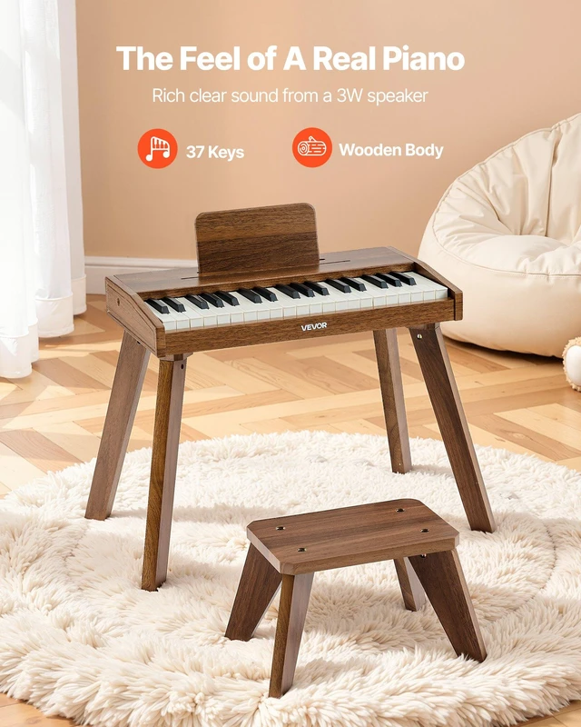 Alt view image 2 of 8 - VEVOR Kids Piano Keyboard, 37 Key Wooden Digital Piano for Kids, Mini Music Educational Instrument Toy Set with Realistic Sound, Dual Power, Adjustable Volume for Toddlers, Boys Girls Learning,Walnut