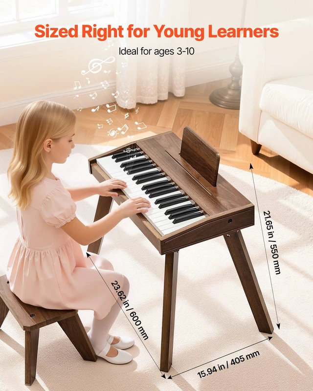 Alt view image 3 of 8 - VEVOR Kids Piano Keyboard, 37 Key Wooden Digital Piano for Kids, Mini Music Educational Instrument Toy Set with Realistic Sound, Dual Power, Adjustable Volume for Toddlers, Boys Girls Learning,Walnut