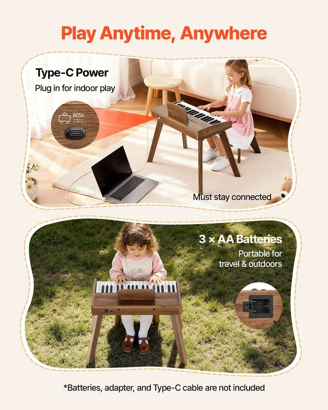 Alt view image 5 of 8 - VEVOR Kids Piano Keyboard, 37 Key Wooden Digital Piano for Kids, Mini Music Educational Instrument Toy Set with Realistic Sound, Dual Power, Adjustable Volume for Toddlers, Boys Girls Learning,Walnut