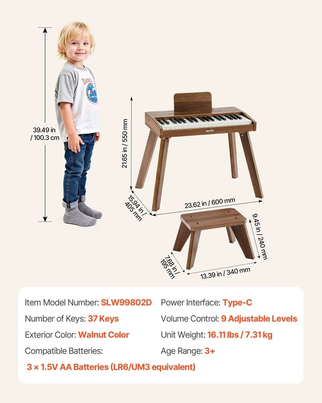 Alt view image 7 of 8 - VEVOR Kids Piano Keyboard, 37 Key Wooden Digital Piano for Kids, Mini Music Educational Instrument Toy Set with Realistic Sound, Dual Power, Adjustable Volume for Toddlers, Boys Girls Learning,Walnut