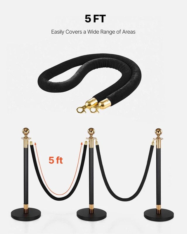 Alt view image 5 of 8 - VEVOR 4 Pcs Black Velvet Stanchion Ropes, 5 ft Crowd Control Stanchion Black Velvet Ropes with Gold Hooks, Post Queue Barrier Carpet Rope for Carpet Events Movie Theaters Grand Openings Hotels Party