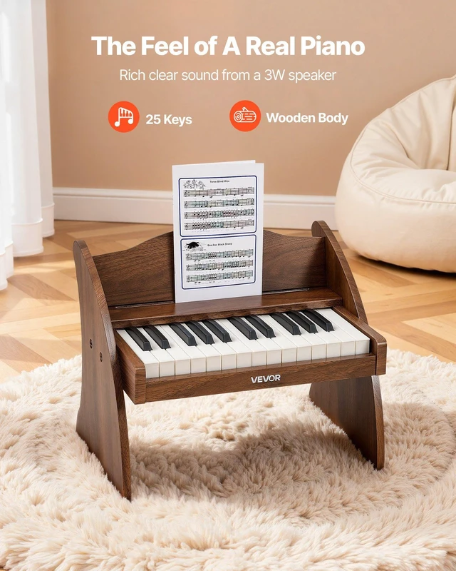 Alt view image 2 of 8 - VEVOR Kids Piano Keyboard, 25 Keys Wooden Digital Piano for Kids, Mini Music Educational Instrument Toy with Realistic Sound, Dual Power, Adjustable Volume for Toddlers, Boys Girls Learning, Walnut