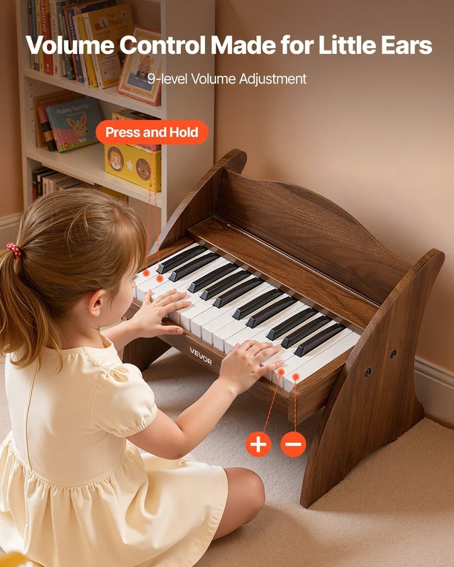 Alt view image 4 of 8 - VEVOR Kids Piano Keyboard, 25 Keys Wooden Digital Piano for Kids, Mini Music Educational Instrument Toy with Realistic Sound, Dual Power, Adjustable Volume for Toddlers, Boys Girls Learning, Walnut