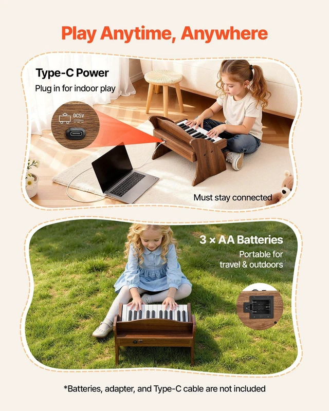 Alt view image 5 of 8 - VEVOR Kids Piano Keyboard, 25 Keys Wooden Digital Piano for Kids, Mini Music Educational Instrument Toy with Realistic Sound, Dual Power, Adjustable Volume for Toddlers, Boys Girls Learning, Walnut