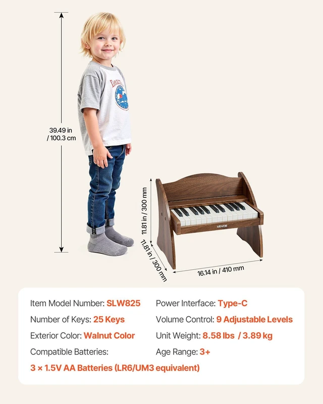 Alt view image 7 of 8 - VEVOR Kids Piano Keyboard, 25 Keys Wooden Digital Piano for Kids, Mini Music Educational Instrument Toy with Realistic Sound, Dual Power, Adjustable Volume for Toddlers, Boys Girls Learning, Walnut