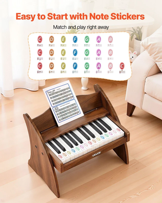 Alt view image 6 of 8 - VEVOR Kids Piano Keyboard, 25 Keys Wooden Digital Piano for Kids, Mini Music Educational Instrument Toy with Realistic Sound, Dual Power, Adjustable Volume for Toddlers, Boys Girls Learning, Walnut