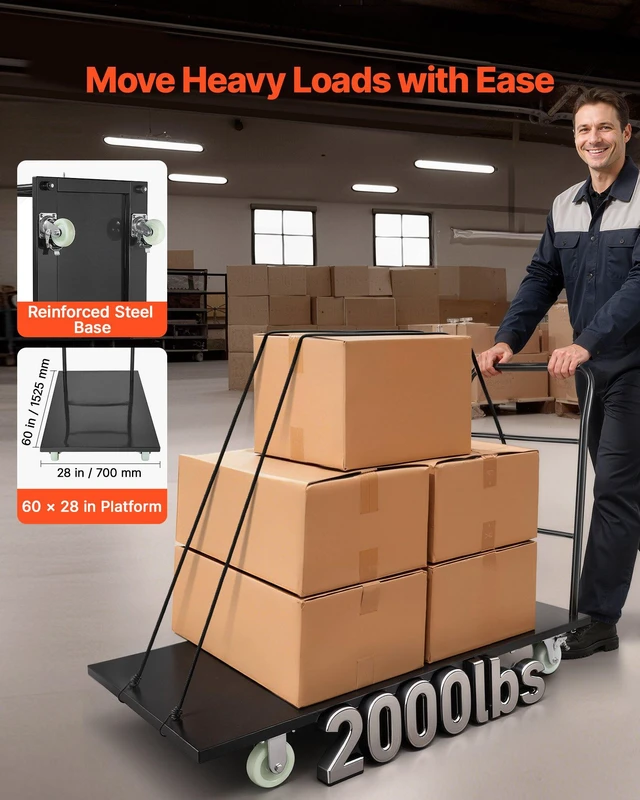 Alt view image 2 of 8 - VEVOR Heavy Duty Platform Truck, 2000 lbs Capacity, Industrial Steel Flatbed Cart with Swivel Wheels and Handle, Platform Hand Push Truck Dolly, Easy Storage, for Luggage Moving, 60 x 27.6 x 42.9 in