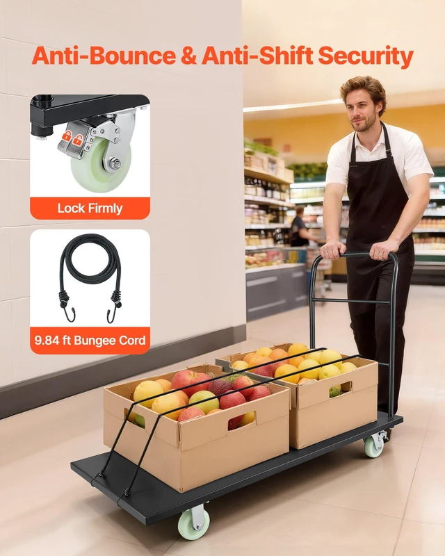 Alt view image 5 of 8 - VEVOR Heavy Duty Platform Truck, 2000 lbs Capacity, Industrial Steel Flatbed Cart with Swivel Wheels and Handle, Platform Hand Push Truck Dolly, Easy Storage, for Luggage Moving, 60 x 27.6 x 42.9 in