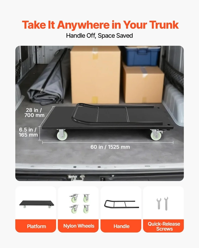 Alt view image 4 of 8 - VEVOR Heavy Duty Platform Truck, 2000 lbs Capacity, Industrial Steel Flatbed Cart with Swivel Wheels and Handle, Platform Hand Push Truck Dolly, Easy Storage, for Luggage Moving, 60 x 27.6 x 42.9 in