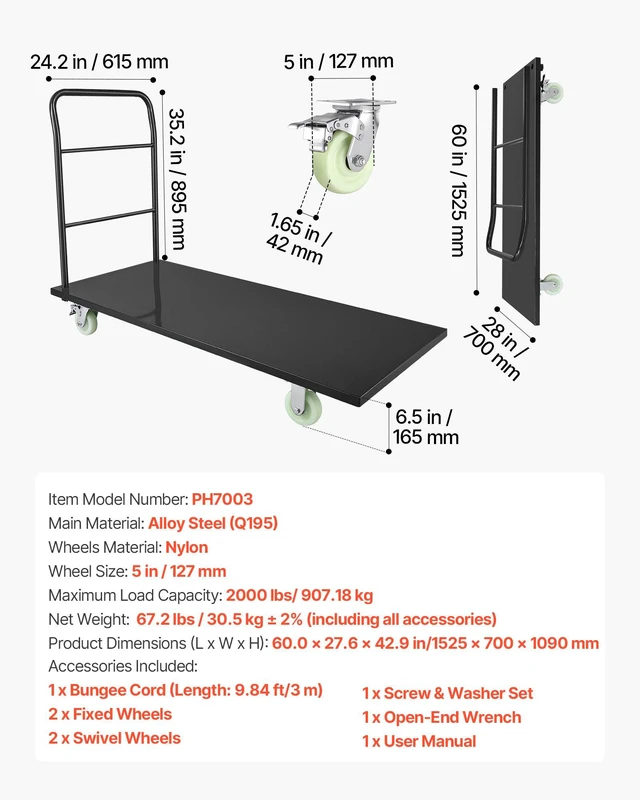 Alt view image 7 of 8 - VEVOR Heavy Duty Platform Truck, 2000 lbs Capacity, Industrial Steel Flatbed Cart with Swivel Wheels and Handle, Platform Hand Push Truck Dolly, Easy Storage, for Luggage Moving, 60 x 27.6 x 42.9 in