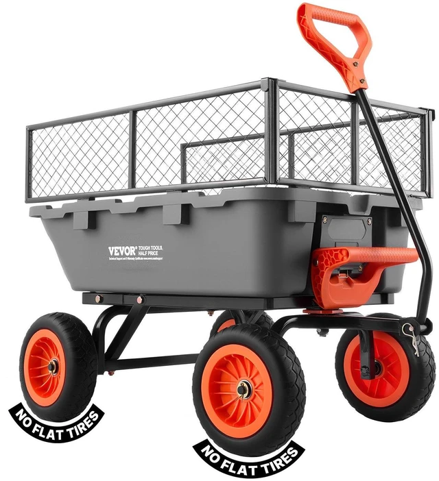Main image of VEVOR Garden Dump Cart, 800 lbs Poly Dump Cart, Garden Carts Dumps Wagon with Storage Fence, 90° Quick-Dumps Mechanism, 180° Swivel Wheels, 90° Rotating Handle, Yard Wagon for Plants, Soil, Crops