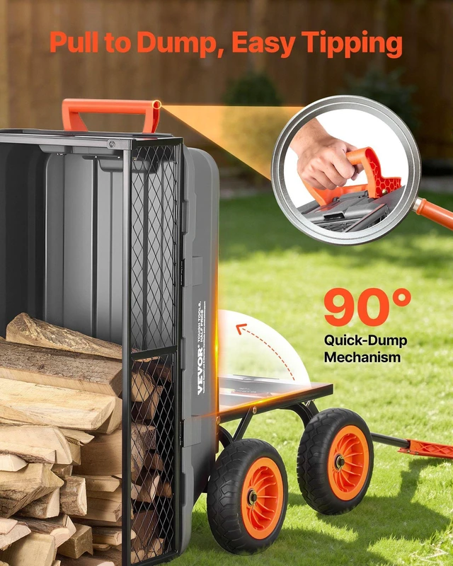 Alt view image 4 of 8 - VEVOR Garden Dump Cart, 800 lbs Poly Dump Cart, Garden Carts Dumps Wagon with Storage Fence, 90° Quick-Dumps Mechanism, 180° Swivel Wheels, 90° Rotating Handle, Yard Wagon for Plants, Soil, Crops