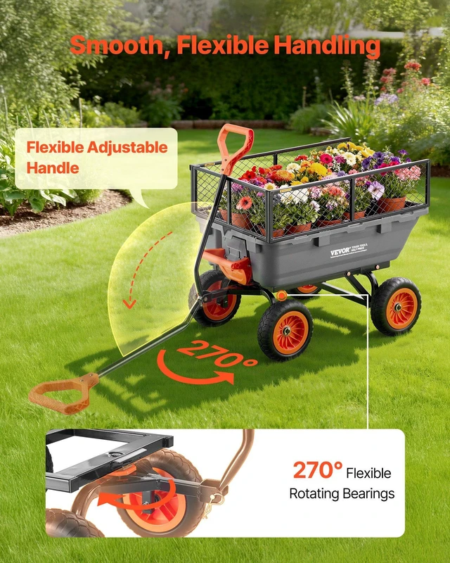 Alt view image 6 of 8 - VEVOR Garden Dump Cart, 800 lbs Poly Dump Cart, Garden Carts Dumps Wagon with Storage Fence, 90° Quick-Dumps Mechanism, 180° Swivel Wheels, 90° Rotating Handle, Yard Wagon for Plants, Soil, Crops