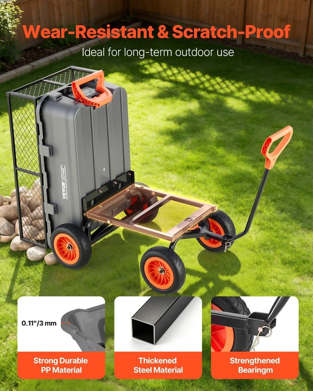 Alt view image 7 of 8 - VEVOR Garden Dump Cart, 800 lbs Poly Dump Cart, Garden Carts Dumps Wagon with Storage Fence, 90° Quick-Dumps Mechanism, 180° Swivel Wheels, 90° Rotating Handle, Yard Wagon for Plants, Soil, Crops