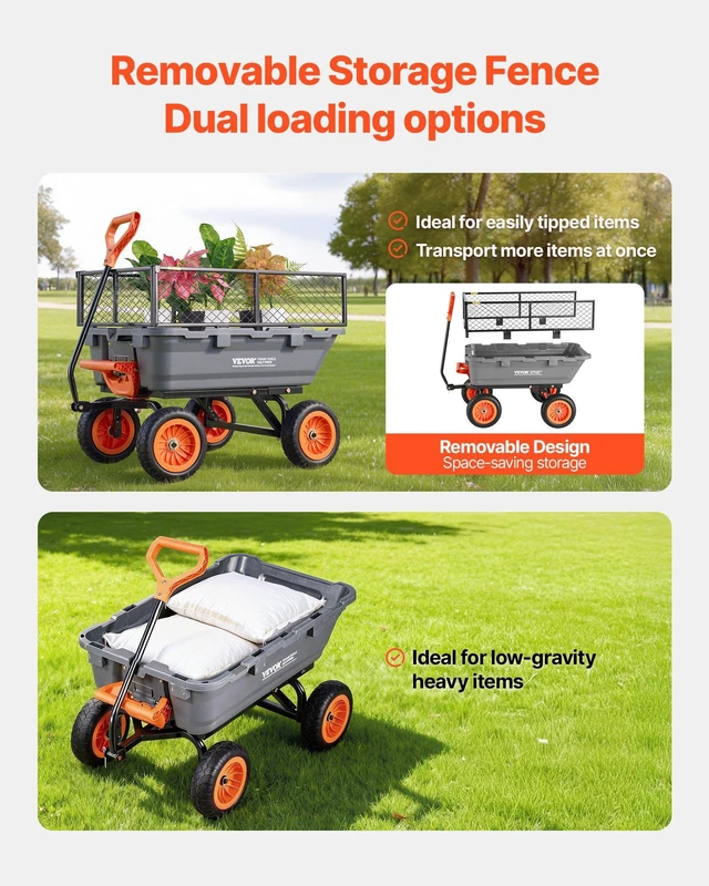 Alt view image 5 of 8 - VEVOR Garden Dump Cart, 800 lbs Poly Dump Cart, Garden Carts Dumps Wagon with Storage Fence, 90° Quick-Dumps Mechanism, 180° Swivel Wheels, 90° Rotating Handle, Yard Wagon for Plants, Soil, Crops