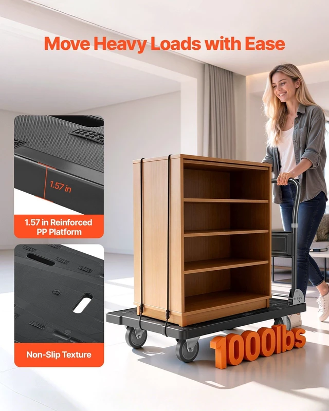 Alt view image 2 of 8 - VEVOR Foldable Push Cart Dolly, 1000 lbs Capacity, Folding Platform Truck with Swivel Wheels, Moving Platform Hand Truck Flatbed Cart, Space Saving Push Handle, for Easy Storage, 35.2 x 23.4 x 33.5 in