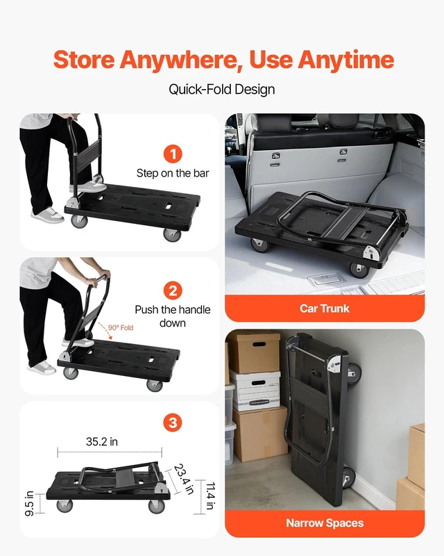 Alt view image 4 of 8 - VEVOR Foldable Push Cart Dolly, 1000 lbs Capacity, Folding Platform Truck with Swivel Wheels, Moving Platform Hand Truck Flatbed Cart, Space Saving Push Handle, for Easy Storage, 35.2 x 23.4 x 33.5 in