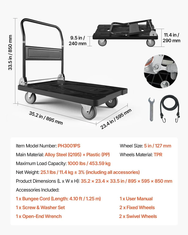 Alt view image 7 of 8 - VEVOR Foldable Push Cart Dolly, 1000 lbs Capacity, Folding Platform Truck with Swivel Wheels, Moving Platform Hand Truck Flatbed Cart, Space Saving Push Handle, for Easy Storage, 35.2 x 23.4 x 33.5 in