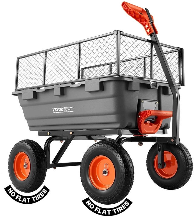 Main image of VEVOR Garden Dump Cart, 1200 lbs Poly Dump Cart, Garden Carts Dumps Wagon with Storage Fence, 2-in-1 Convertible Handle, 90° Quick-Dumps Mechanism, 180° Swivel Wheels, Yard Wagon for Plants, Soil