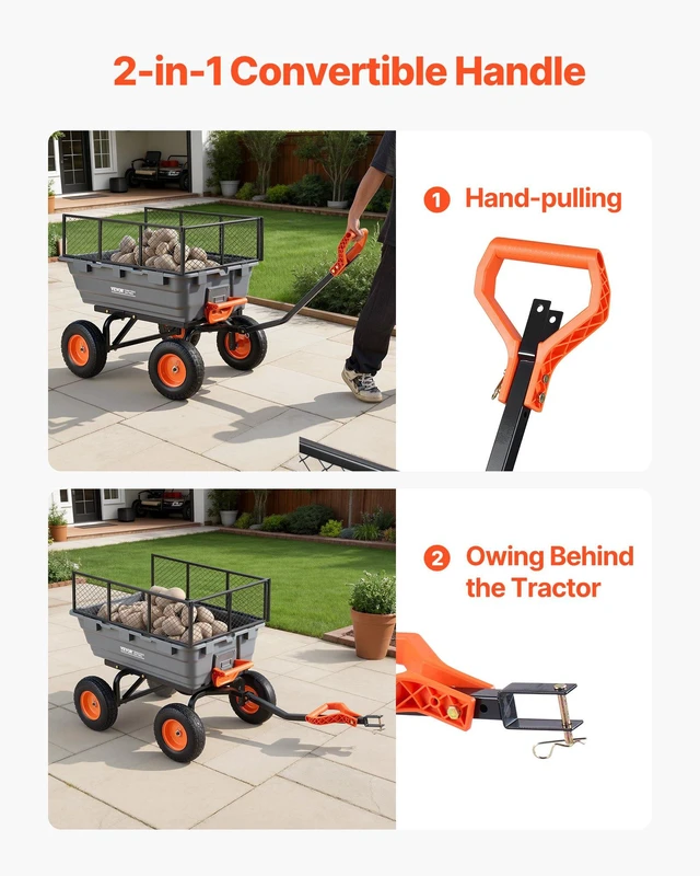 Alt view image 5 of 8 - VEVOR Garden Dump Cart, 1200 lbs Poly Dump Cart, Garden Carts Dumps Wagon with Storage Fence, 2-in-1 Convertible Handle, 90° Quick-Dumps Mechanism, 180° Swivel Wheels, Yard Wagon for Plants, Soil