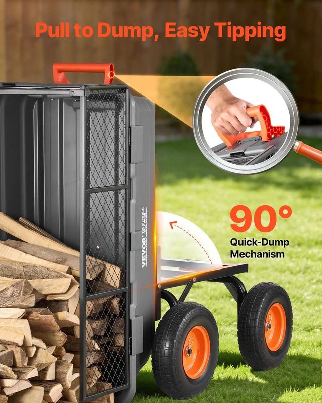 Alt view image 4 of 8 - VEVOR Garden Dump Cart, 1200 lbs Poly Dump Cart, Garden Carts Dumps Wagon with Storage Fence, 2-in-1 Convertible Handle, 90° Quick-Dumps Mechanism, 180° Swivel Wheels, Yard Wagon for Plants, Soil