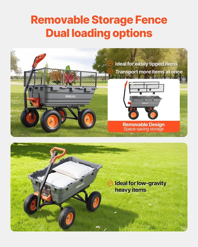 Alt view image 6 of 8 - VEVOR Garden Dump Cart, 1200 lbs Poly Dump Cart, Garden Carts Dumps Wagon with Storage Fence, 2-in-1 Convertible Handle, 90° Quick-Dumps Mechanism, 180° Swivel Wheels, Yard Wagon for Plants, Soil