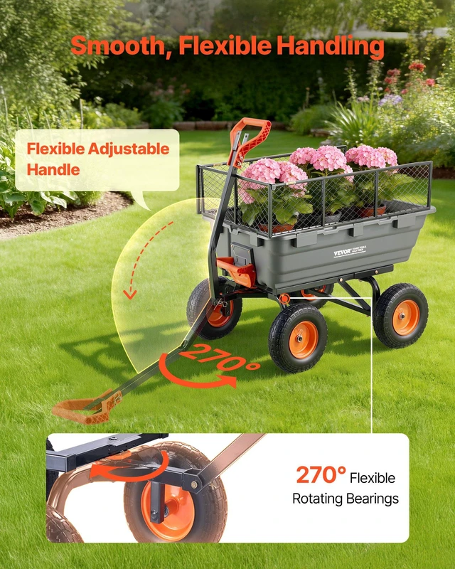 Alt view image 7 of 8 - VEVOR Garden Dump Cart, 1200 lbs Poly Dump Cart, Garden Carts Dumps Wagon with Storage Fence, 2-in-1 Convertible Handle, 90° Quick-Dumps Mechanism, 180° Swivel Wheels, Yard Wagon for Plants, Soil