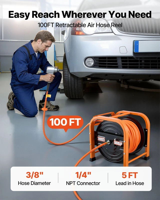 Alt view image 2 of 8 - VEVOR Retractable Air Hose Reel, 3/8 Inch x 100 FT PVC Air Hose Max 300PSI, Auto Rewind Air-Compressor Hoses Reel with 5 ft Lead in, Portable Freestanding Heavy Duty Steel Reel for Garages Workshops