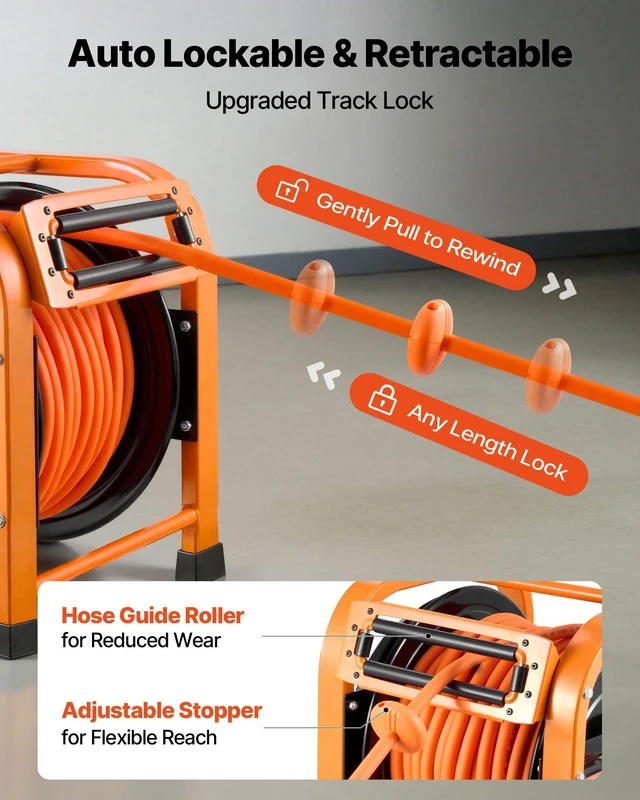 Alt view image 3 of 8 - VEVOR Retractable Air Hose Reel, 3/8 Inch x 100 FT PVC Air Hose Max 300PSI, Auto Rewind Air-Compressor Hoses Reel with 5 ft Lead in, Portable Freestanding Heavy Duty Steel Reel for Garages Workshops