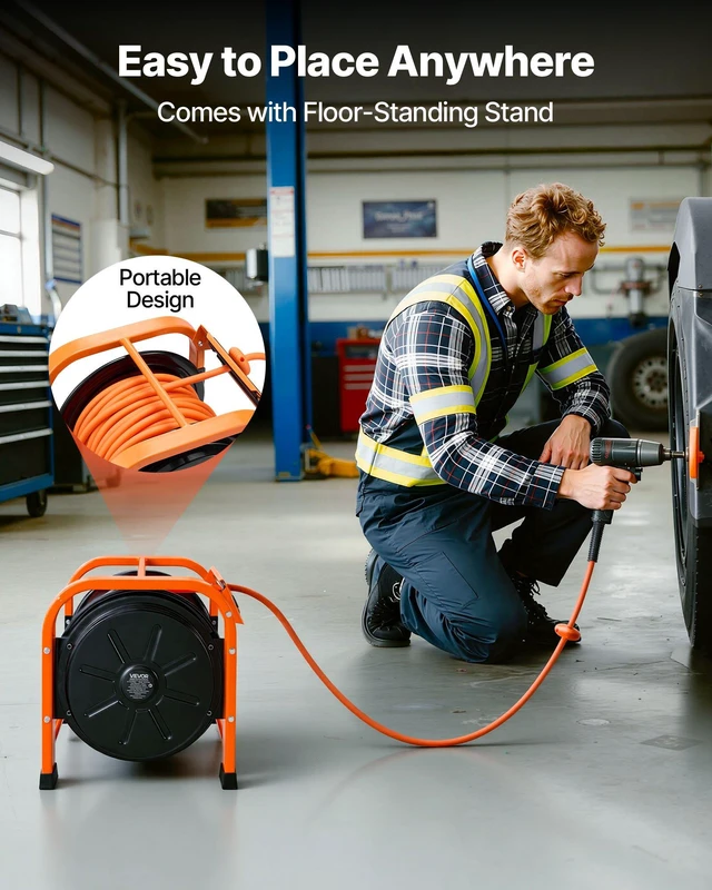Alt view image 5 of 8 - VEVOR Retractable Air Hose Reel, 3/8 Inch x 100 FT PVC Air Hose Max 300PSI, Auto Rewind Air-Compressor Hoses Reel with 5 ft Lead in, Portable Freestanding Heavy Duty Steel Reel for Garages Workshops