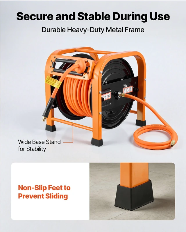 Alt view image 6 of 8 - VEVOR Retractable Air Hose Reel, 3/8 Inch x 100 FT PVC Air Hose Max 300PSI, Auto Rewind Air-Compressor Hoses Reel with 5 ft Lead in, Portable Freestanding Heavy Duty Steel Reel for Garages Workshops