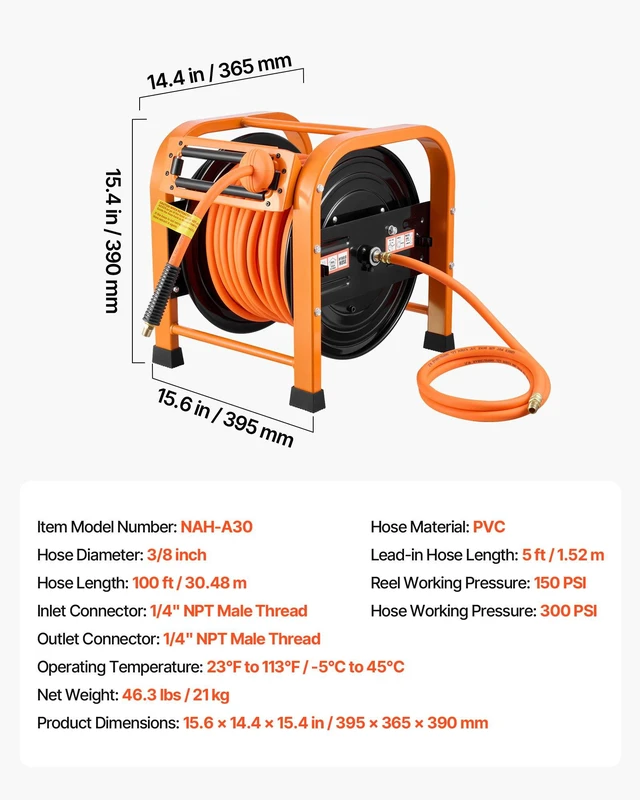 Alt view image 7 of 8 - VEVOR Retractable Air Hose Reel, 3/8 Inch x 100 FT PVC Air Hose Max 300PSI, Auto Rewind Air-Compressor Hoses Reel with 5 ft Lead in, Portable Freestanding Heavy Duty Steel Reel for Garages Workshops