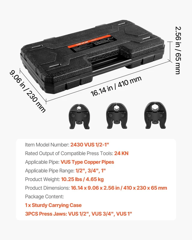 Alt view image 7 of 8 - VEVOR VUS Press Jaws for 24KN Compact Series Press Tools, 3PCS Pressing Jaws 1/2", 3/4" & 1" - Compatible with ProPress Copper Pipes Connections, Includes Carrying Case