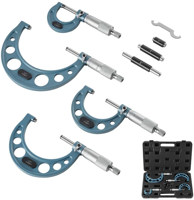 Main image of VEVOR 4 PCS Micrometer Set, 0-1"/1-2"/2-3"/3-4" Machinist Outside Micrometer, Ultra-Precision 0.0001 Accuracy, Professional Machinist Tools with Protective Case, for Metalworking & Engineering