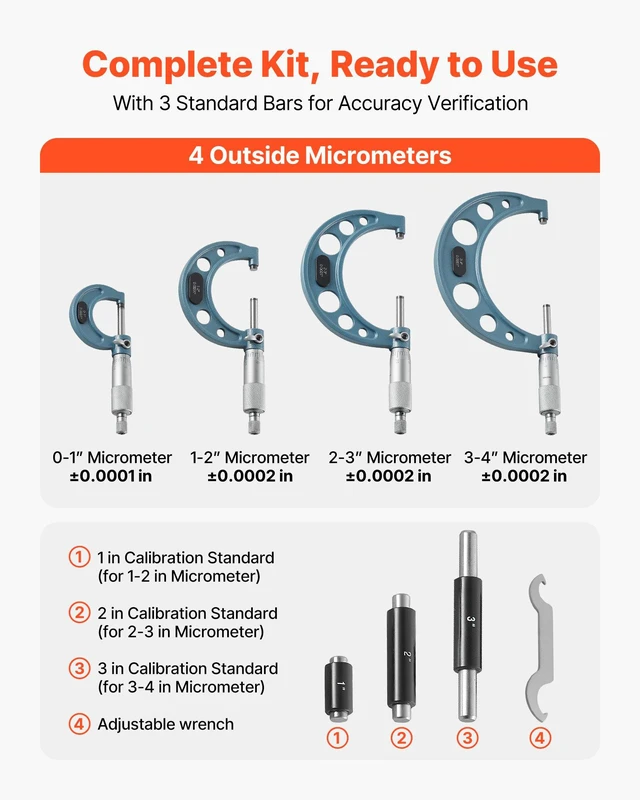 Alt view image 2 of 8 - VEVOR 4 PCS Micrometer Set, 0-1"/1-2"/2-3"/3-4" Machinist Outside Micrometer, Ultra-Precision 0.0001 Accuracy, Professional Machinist Tools with Protective Case, for Metalworking & Engineering