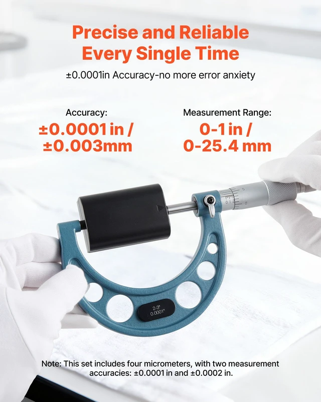 Alt view image 3 of 8 - VEVOR 4 PCS Micrometer Set, 0-1"/1-2"/2-3"/3-4" Machinist Outside Micrometer, Ultra-Precision 0.0001 Accuracy, Professional Machinist Tools with Protective Case, for Metalworking & Engineering