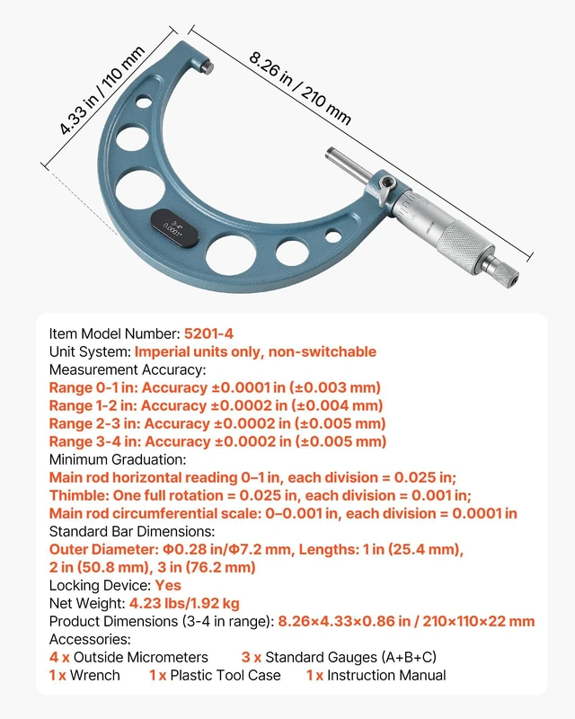 Alt view image 7 of 8 - VEVOR 4 PCS Micrometer Set, 0-1"/1-2"/2-3"/3-4" Machinist Outside Micrometer, Ultra-Precision 0.0001 Accuracy, Professional Machinist Tools with Protective Case, for Metalworking & Engineering