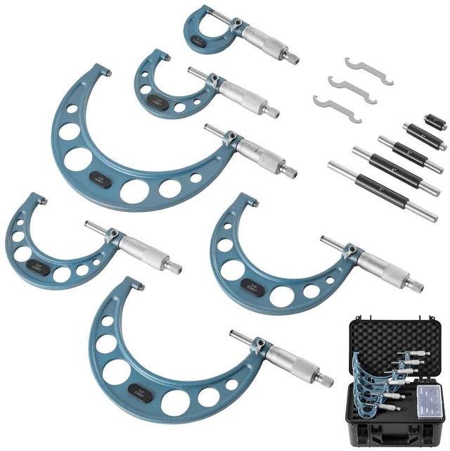 Main image of VEVOR 6 PCS Micrometer Set, 0-1"/1-2"/2-3"/3-4"/4-5"/5-6" Machinist Outside Micrometer, Precision 0.0001 Accuracy, Professional Machinist Tools with Protective Case, for Metalworking & Engineering