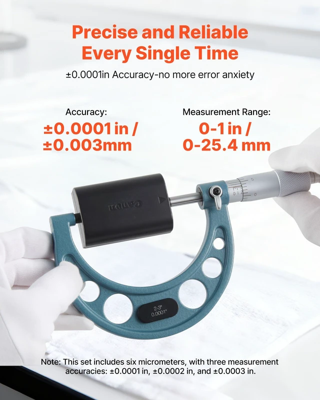 Alt view image 3 of 8 - VEVOR 6 PCS Micrometer Set, 0-1"/1-2"/2-3"/3-4"/4-5"/5-6" Machinist Outside Micrometer, Precision 0.0001 Accuracy, Professional Machinist Tools with Protective Case, for Metalworking & Engineering