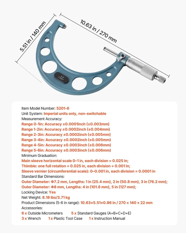 Alt view image 7 of 8 - VEVOR 6 PCS Micrometer Set, 0-1"/1-2"/2-3"/3-4"/4-5"/5-6" Machinist Outside Micrometer, Precision 0.0001 Accuracy, Professional Machinist Tools with Protective Case, for Metalworking & Engineering
