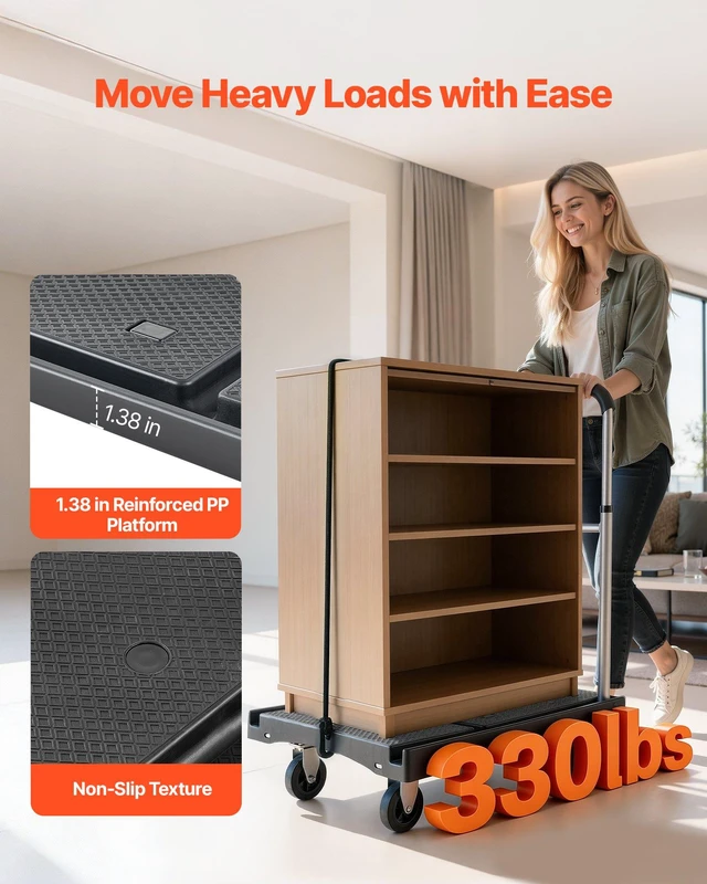 Alt view image 2 of 8 - VEVOR Foldable Push Cart Dolly, 330 lbs Capacity, Folding Platform Truck with Swivel Wheels, Moving Platform Hand Truck Flatbed Cart, Adjustable Push Handle, for Easy Storage, 26.8 x 19.5 x 4.5 in