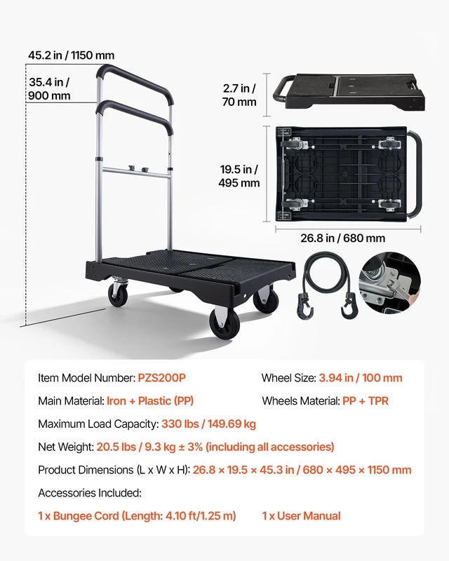 Alt view image 7 of 8 - VEVOR Foldable Push Cart Dolly, 330 lbs Capacity, Folding Platform Truck with Swivel Wheels, Moving Platform Hand Truck Flatbed Cart, Adjustable Push Handle, for Easy Storage, 26.8 x 19.5 x 4.5 in