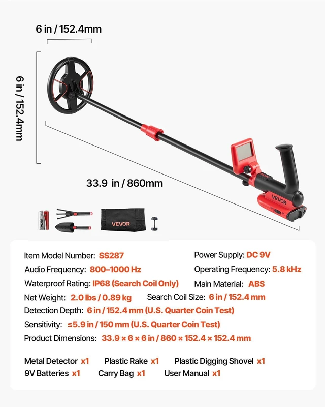 Alt view image 7 of 8 - VEVOR Metal Detector, 6", Lightweight Metal Detector with LCD Display, IP68 Waterproof Search Coil, Adjustable 22.8"-33.8" High Accuracy Gold Detector, Easy to Use, for Detecting Gold Treasure Hunting