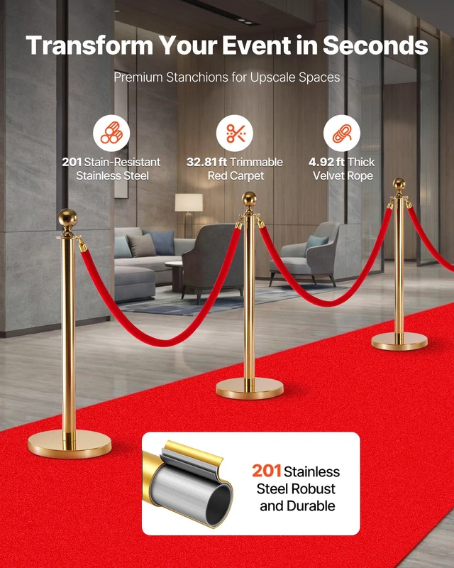 Alt view image 2 of 8 - VEVOR Stanchion Post, 8 Pcs Crowd Control Barrier Set with Red Carpet, 6 Red Velvet Ropes, Stainless Steel Gold Stanchion Post Queue with Hollow Base for Theater, Party, Wedding, Exhibition (Gold)